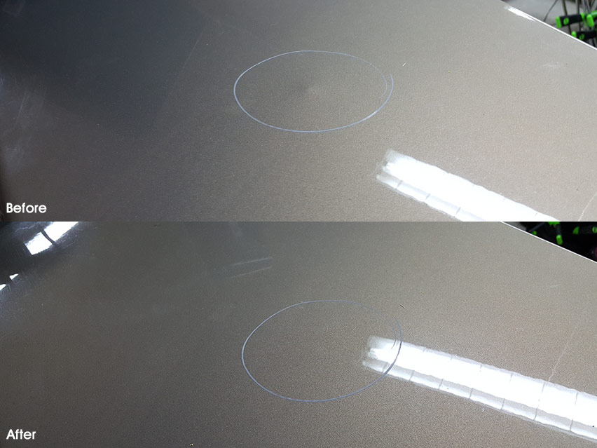 Image of Outward or Outie Dent Repair on an Impala trunk lid before and after