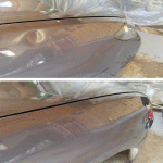 Image of Baseball sized dent on a Mazda 3 fender before and after PDR