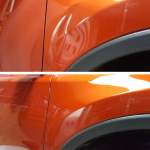 Image of large fender dent before and after paintless dent repair