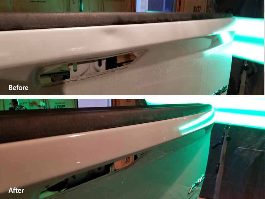 Image of Ram Tailgate with Deep Dent Before and After PDR