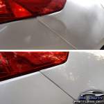 Image of white Toyota buckled quarter panel Before and After Paintless Dent Repair