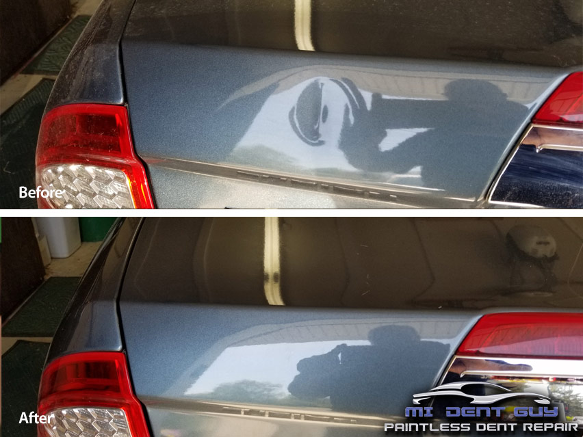 Image of Sturgis paintless dent removal on a Ford Fusio trunk lid before and after