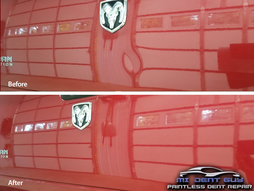 Image of a Ram Tailgate with stretched metal before and after paintless dent repair