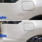 Image of Nissan quarter panel dent before and after paintless dent repair by MI Dent Guy