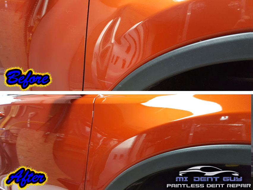 image of large fender dent before and after Vicksburg Dent Repair