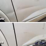 Image of a crease dent on a Buick door and quarter panel before and after paintless dent repair by MI Dent Guy
