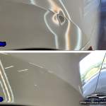image of a Camaro quarter panel body line dent before and after paintless dent repair by MI Dent Guy