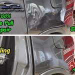 image of a large dent on a Durango quarter panel repaired with glue pull paintless dent repair method by MI Dent Guy