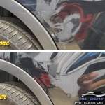 image of a Ford Explorer rear door with a large dent before and after paintless dent repair by MI Dent Guy