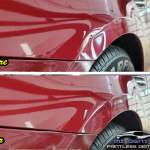 image of a Ford Fusion fender before and after paintless dent repair by MI Dent Guy