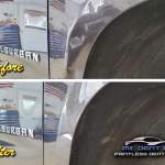 image of a Chevrolet Suburban fender rolled edge before and after paintless dent repair by MI Dent Guy