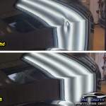 Image of a Dodge Challenger fender dent before and after paintless dent repair by MI Dent Guy