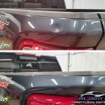 Image of a Chevy Silverado bedside dent before and after paintless dent repair