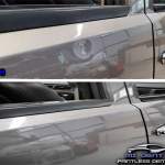 Image of a GMC Yukon door dent before and after paintless dent repair by MI Dent Guy