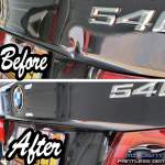 Image of an aluminum BMW trunk lid body line dent before and after paintless dent repair by MI Dent Guy