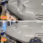 Image of an aluminum Ford Super Duty hood large dent before and after Paintless Dent Repair by MI Dent Guy in Portage Michigan.