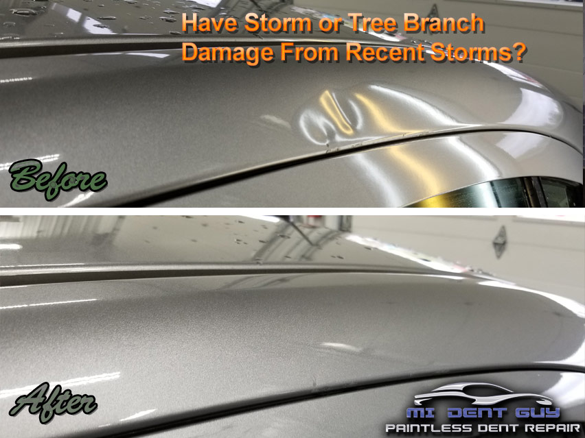 Image of storm damage dent before and after paintless dent repair by MI Dent Guy